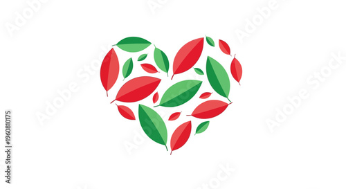 Heart shape formed by red and green leaves, symbolizing love, nature, and health.