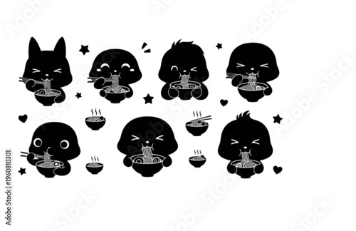 Kawaii Anime Mascot Eating Ramen Silhouette, Cute Foodie Manga Vector Sticker, Playful Japanese Culture Illustration