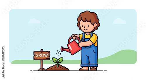 Child watering a seedling with a watering can, concept of growth and nurturing