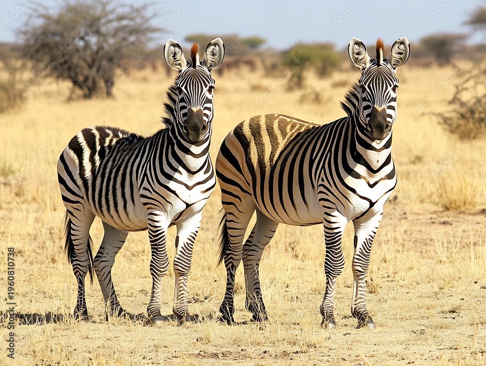 Fototapeta premium Two zebras standing on dry grassland under bright sunlight in African savannah