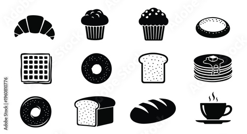 Baked Goods Icons, Bread, Pastries, Coffee, Bakery, Food, Vector Illustrations