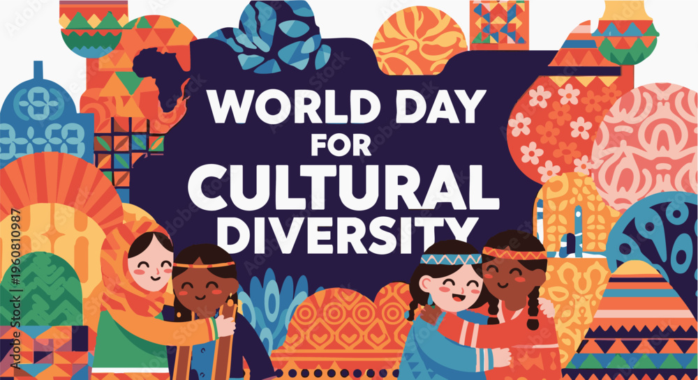 Obraz premium Vibrant World Day for Cultural Diversity celebration banner in colorful eclectic illustration style with bright warm lighting for social media