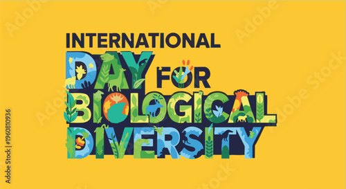 International Day for Biological Diversity logo on yellow background in colorful typography for environmental awareness campaign