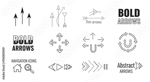 Bold and thin arrow icons set for navigation and direction, abstract shapes for user interface