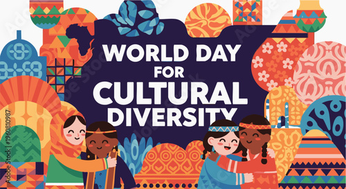Vibrant World Day for Cultural Diversity celebration banner in colorful eclectic illustration style with bright warm lighting for social media