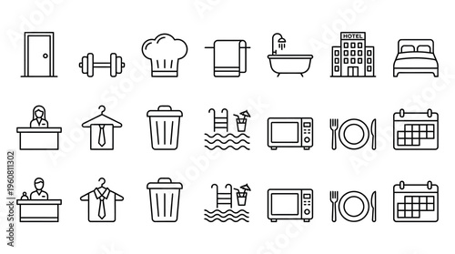 A collection of black line icons representing various aspects of daily life and household activities, including objects and symbols for home, kitchen, bathroom, fitness, and more.
