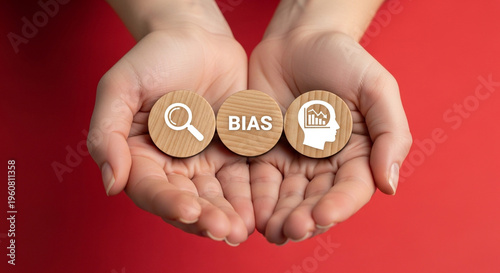 Hands holding wooden blocks with bias and equality symbols on red background