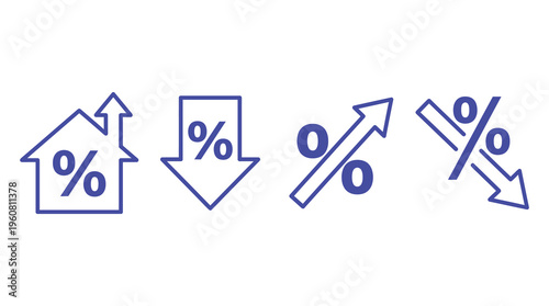 a set of blue icons representing percentage change, growth, and decline, commonly used in finance and business for marketing and advertising materials