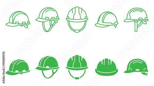 A set of green hard hats and safety helmets illustrations, useful for construction, industry, and safety concepts in marketing, advertising, and educational materials.