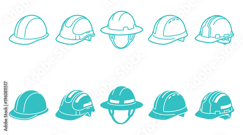 A set of different hard hats and safety helmets, often used in construction, industrial, and protective gear contexts for safety and security.
