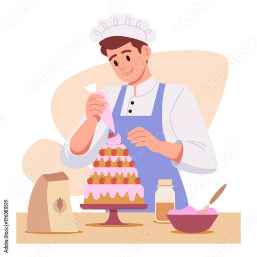 Restaurant Chef Cooking. Confectioner Making Cake. Pastry Chef Cooking Sweet Dessert. Patisserie Manufacture. Flat Vector Illustration.
