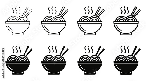 a set of black and white icons depicting bowls of noodles with chopsticks