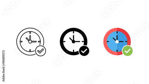 three alarm clocks with checkmarks success time management flat design vector illustration