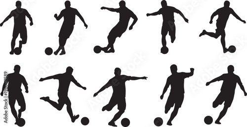 Silhouettes of soccer players in various kicking positions action