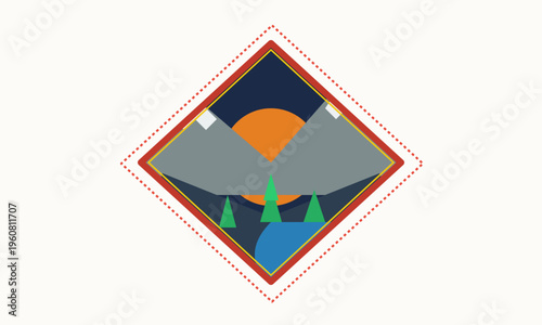 Minimalist diamond shaped emblem featuring a stylized mountain landscape at sunset with pine trees