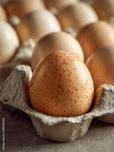 Speckled brown egg standing out in a carton with other plain eggs, emphasizing natural texture and rustic appearance for fresh farm produce concept