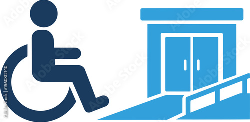 Accessible building entrance, wheelchair ramp, blue icons, accessibility symbol, disability sign