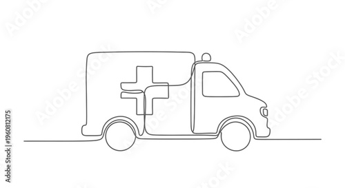 Single Line Drawing of Ambulance with Medical Cross - Emergency Vehicle Icon
