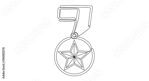 Single Line Drawing of a Star Medal with Ribbon
