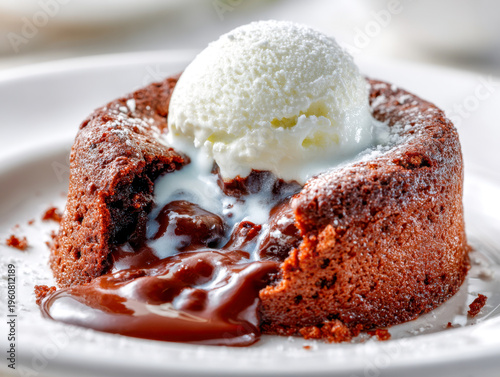 Gooey chocolate lava cake oozing rich molten center topped with creamy vanilla ice cream and dusted with powdered sugar on white plate