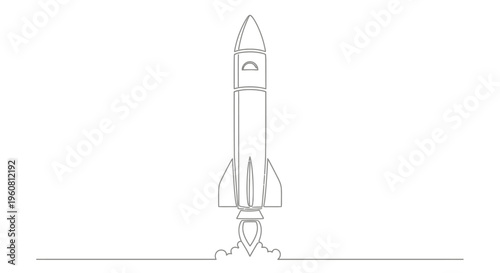 Single Line Drawing Rocket Launching into Space, White Background