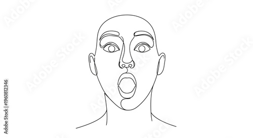 Surprised Face Line Art Drawing, Open Mouth Expression, Shocked Emotion