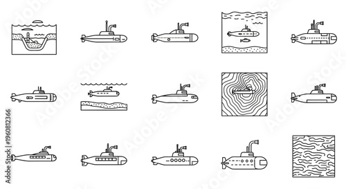 Submarine Icons Set: Underwater Voyage and Naval Technology