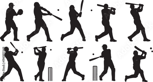 Cricket players in various poses and actions silhouettes set