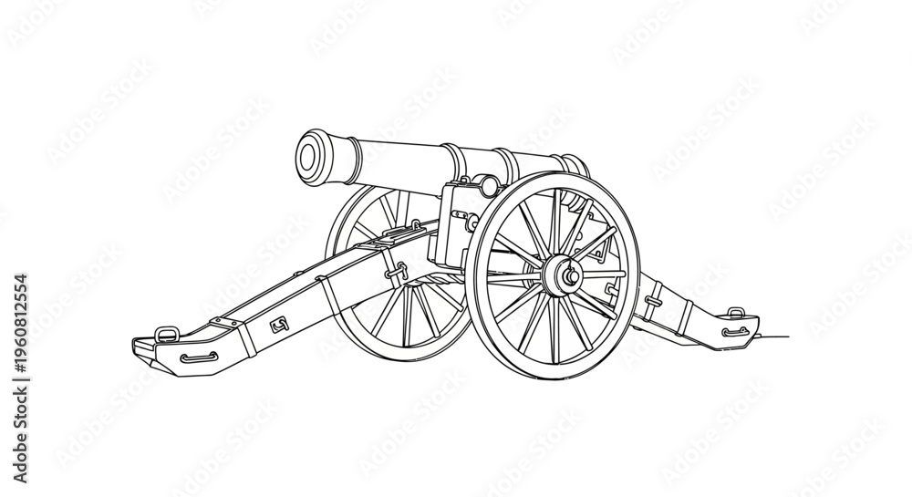 Fototapeta premium Vintage Cannon Illustration - Line Art Drawing of Artillery Weapon
