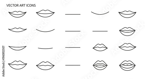 Vector Lips Icons Set: Various Expressions and Shapes