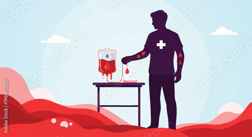 Illustration of a medical professional donating blood in a stylized landscape with butterfly line art design elements.