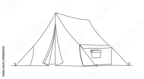 Vintage Canvas Tent Sketch, Outdoors Camping Shelter, Retro Style Drawing