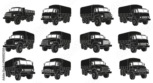Vintage Military Trucks Collection - Black and White Silhouette Set