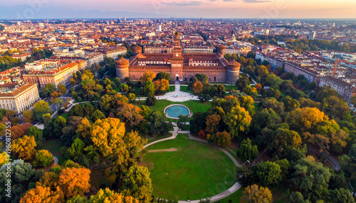 Autumnal Castle Fortress Surrounded by Park and City