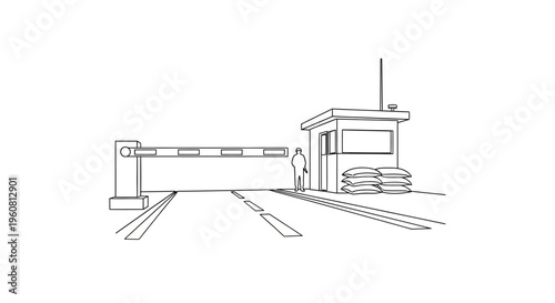Security Booth and Boom Barrier at Entrance, Line Art Illustration