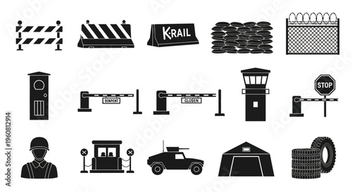 Security Checkpoint Icons: Barrier, Guardhouse, Military Vehicle, Barbed Wire