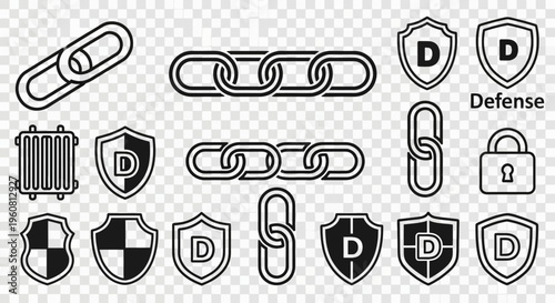 Security Icons: Chains, Shields, Lock, Radiator - Protection and Defense Symbols