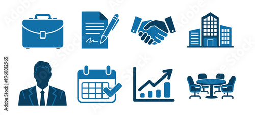 Business Flat Icons Modern Blue Vector Set