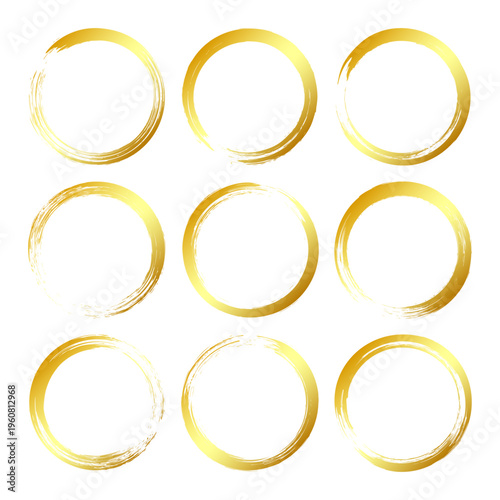 Golden grunge circles, brush strokes, lines, ink smudges, hand-drawn scribble shapes. Handmade sketchy marks, acrylic stains, charcoal streaks. Paint textures, dry brush effect. Vector illustration