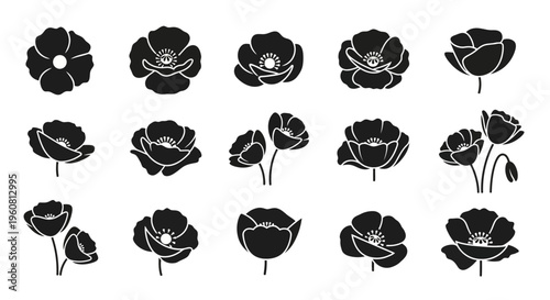 Set of Black Poppy Flowers Icons, Vector Illustrations