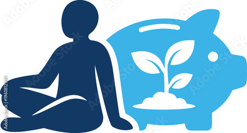 Financial growth, meditation, and saving concept, icon set, blue minimalist design