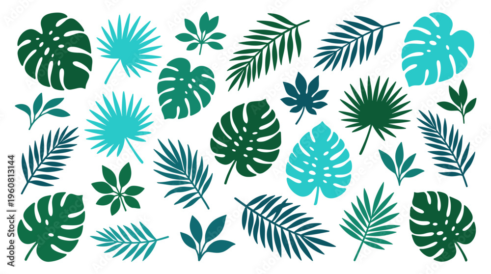 Fototapeta premium Collection of tropical plant leaves in various shades of green and teal, isolated on a white background, perfect for summer designs and nature themes