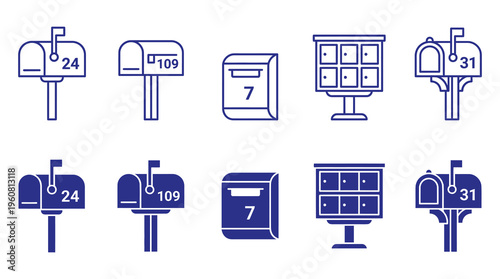 A set of blue icons featuring various mailboxes and postal boxes, ideal for use in designs related to communication, postal service, or delivery.