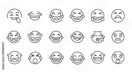 Set of Line Art Emoji Faces Expressing Various Emotions and Laughter