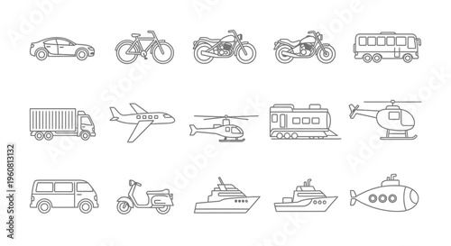 Set of Line Art Transportation Icons: Vehicles and Modes of Transport