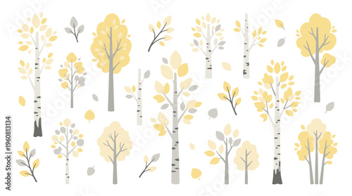 Collection of stylized birch trees with yellow and grey leaves, representing autumn and nature in a flat design style
