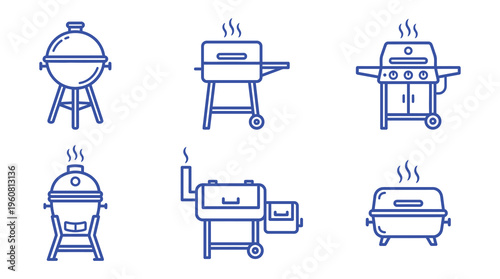 A collection of six blue line art icons depicting various barbecue grills and smokers, perfect for use in cooking, outdoor, or lifestyle related marketing and advertising materials.