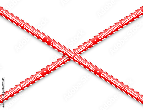 Quarantine zone warning tape. Novel coronavirus outbreak. Global lockdown. Red coronavirus danger stripe. Police caution line, restricted area. Construction tape. Vector illustration