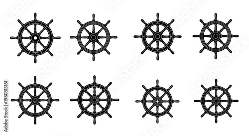 Set of Nautical Ship Steering Wheels, Marine Helm Icons
