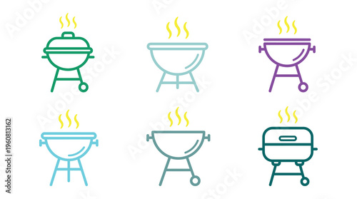a set of colorful barbecue grill icons in different styles and colors, perfect for use in food, cooking, or outdoor lifestyle marketing materials
